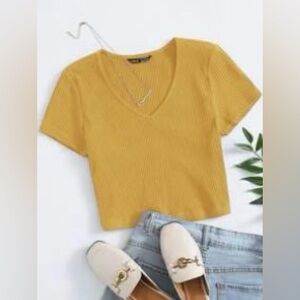 Shein yellow ribbed cropped short sleeve tee size S small